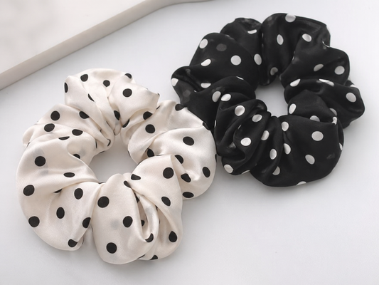 Sundariii Premium Satin Scrunchies – "Polka Dot collection", for the "chica` girl energy" Printed Anchor Collection, Jet Black Micro Polka Dot, Crease-Free Soft Hold Hair Ties for Women & Girls (Set of 2)