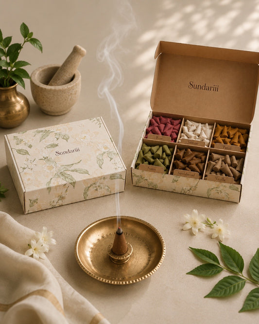 Sundariii Incense Cone Gift Set, Rose, Jasmine, Sandalwood, Vanilla, Neem, Charcoal-Free Handmade Herbal Dhoop for Hair Perfuming and Meditation