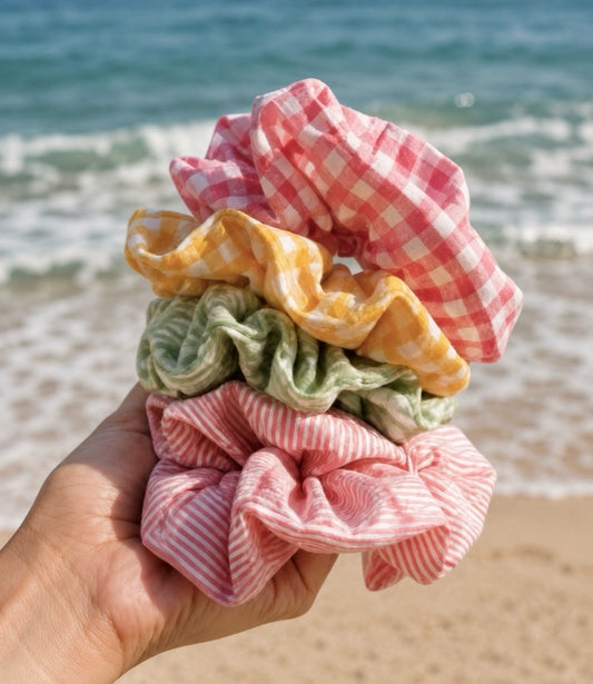 Sundariii - "Summer Girl" Cotton Candy Scrunchie Set of 3 | Pastel Checkered Cotton Hair Scrunchies for Women & Girls | Pink White, Butter Yellow White & Blue White | Soft Cute Hair Accessories