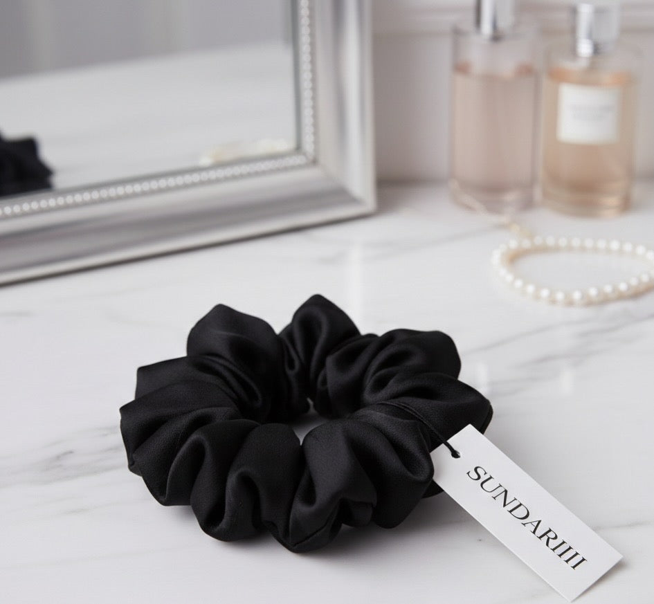 Sundariii Premium Satin Silk  Scrunchie - Shades of Black "Black cat energy" set of 3