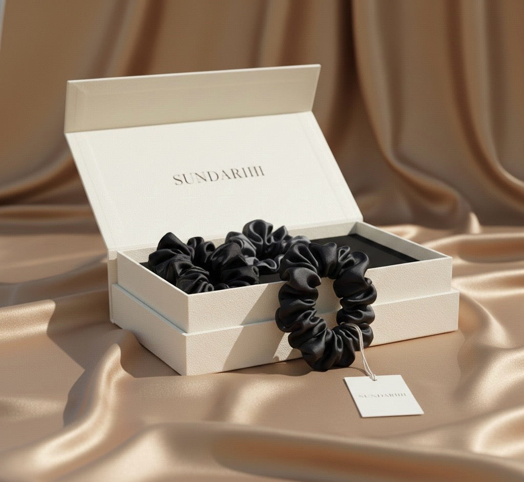 Sundariii Premium Satin Silk  Scrunchie - Shades of Black "Black cat energy" set of 3