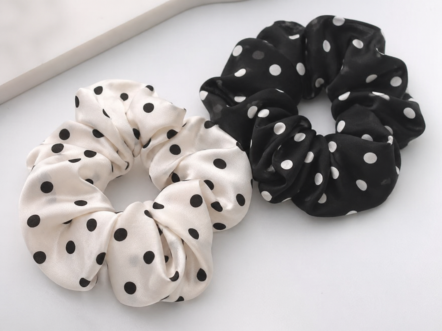 Sundariii Premium Satin Scrunchies – "Polka Dot collection", for the "chica` girl energy" Printed Anchor Collection, Jet Black Micro Polka Dot, Crease-Free Soft Hold Hair Ties for Women & Girls (Set of 2)