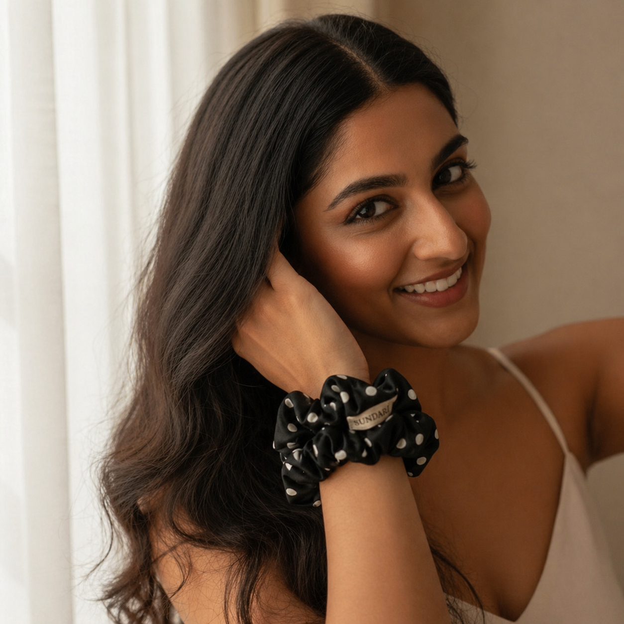 Sundariii Premium Satin Scrunchies – "Polka Dot collection", for the "chica` girl energy" Printed Anchor Collection, Jet Black Micro Polka Dot, Crease-Free Soft Hold Hair Ties for Women & Girls (Set of 2)