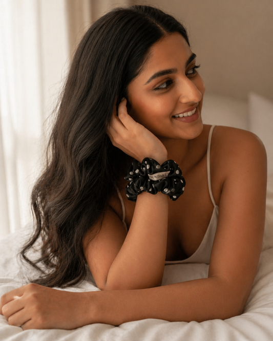 Sundariii Premium Satin Scrunchies – "Polka Dot collection", for the "chica` girl energy" Printed Anchor Collection, Jet Black Micro Polka Dot, Crease-Free Soft Hold Hair Ties for Women & Girls (Set of 2)