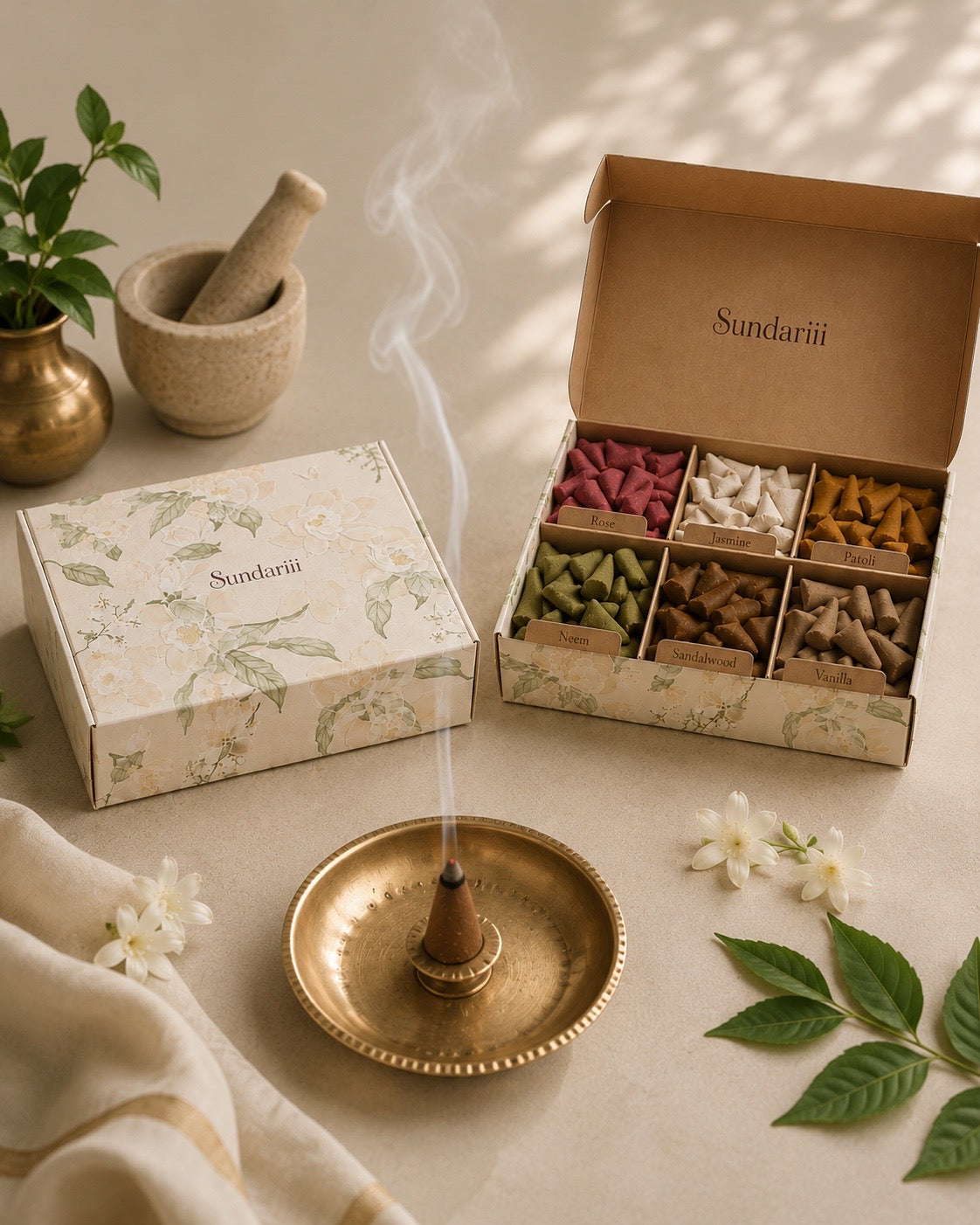 Sundariii Incense Cone Gift Set, Rose, Jasmine, Sandalwood, Vanilla, Neem, Charcoal-Free Handmade Herbal Dhoop for Hair Perfuming and Meditation