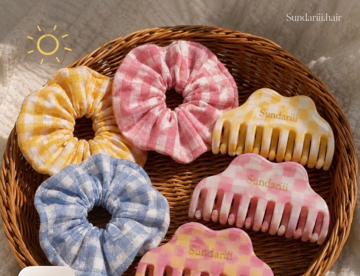 Sundariii - "Summer Girl" Cotton Candy Scrunchie Set of 3 | Pastel Checkered Cotton Hair Scrunchies for Women & Girls | Pink White, Butter Yellow White & Blue White | Soft Cute Hair Accessories