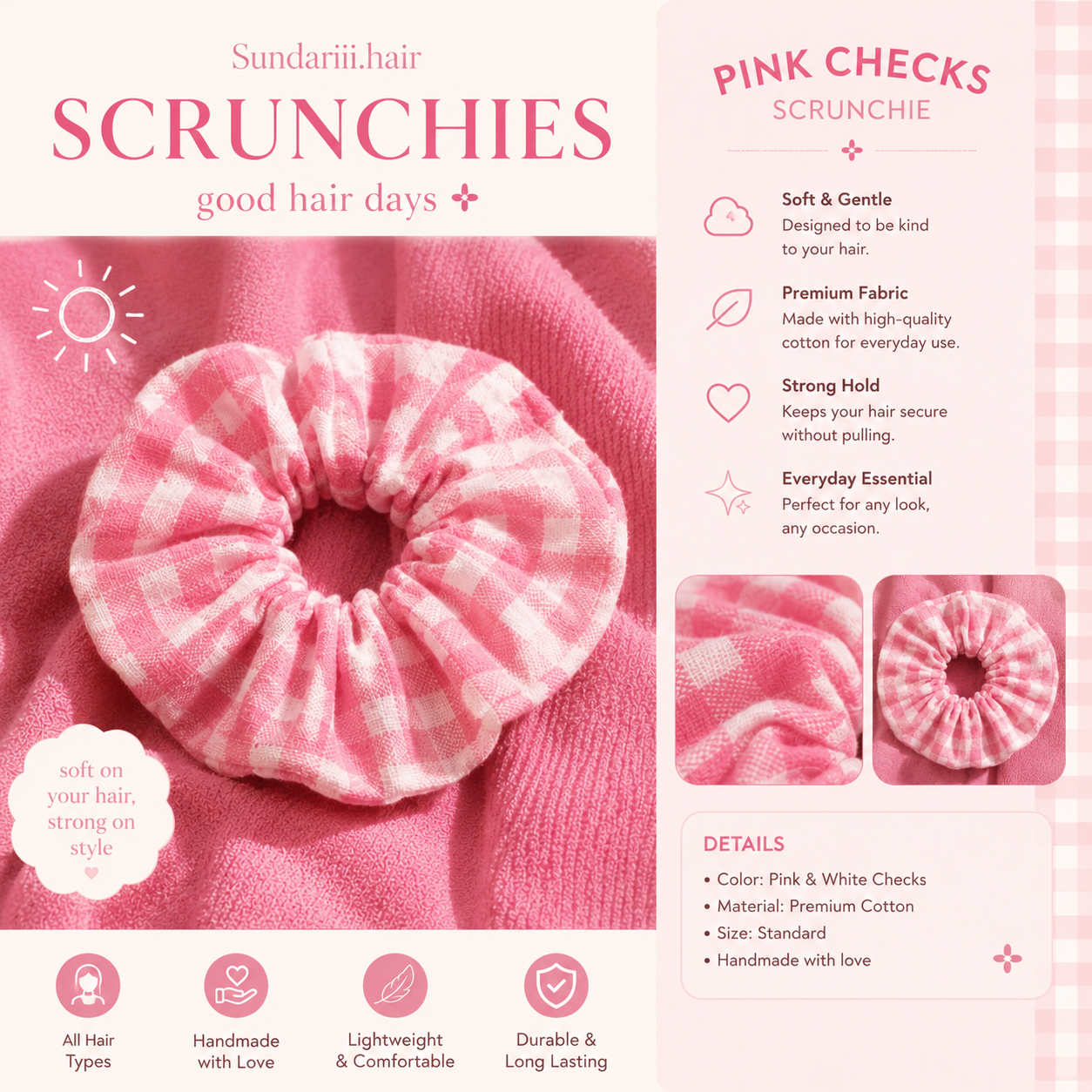 Sundariii - "Summer Girl" Cotton Candy Scrunchie Set of 3 | Pastel Checkered Cotton Hair Scrunchies for Women & Girls | Pink White, Butter Yellow White & Blue White | Soft Cute Hair Accessories