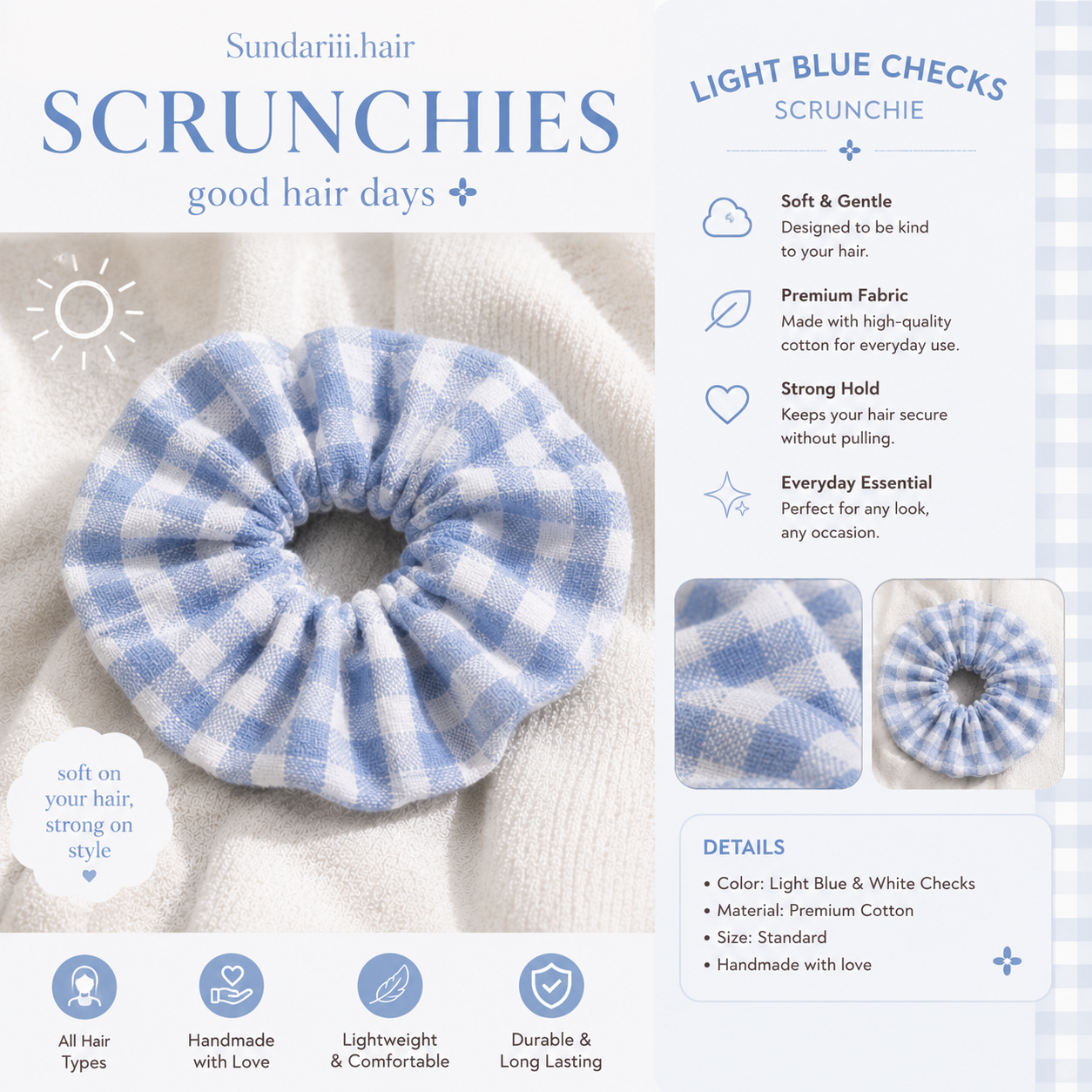 Sundariii - "Summer Girl" Cotton Candy Scrunchie Set of 3 | Pastel Checkered Cotton Hair Scrunchies for Women & Girls | Pink White, Butter Yellow White & Blue White | Soft Cute Hair Accessories