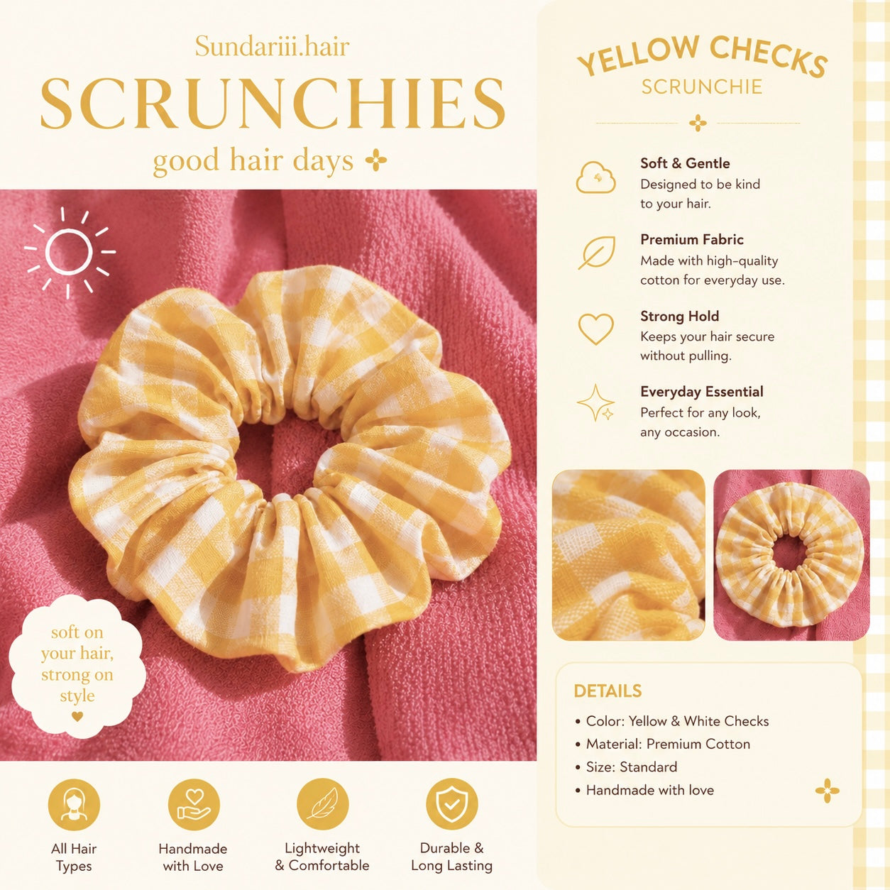 Sundariii - "Summer Girl" Cotton Candy Scrunchie Set of 3 | Pastel Checkered Cotton Hair Scrunchies for Women & Girls | Pink White, Butter Yellow White & Blue White | Soft Cute Hair Accessories